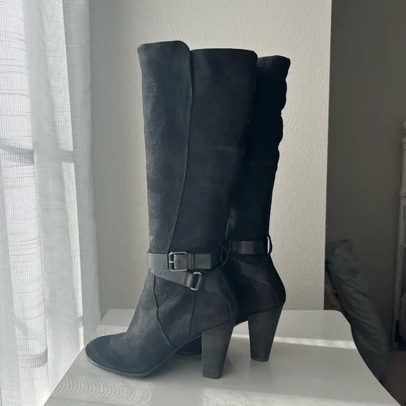 ECCO Womens 39 8 8.5 Tall Black Nubuck Leather Harness Riding Boots - Picture 2 of 5